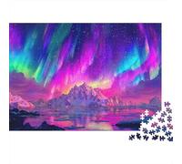 Rompecabezas Aurora sobre montañas de 1000 Piezas. Cielo de Aurora púrpura Vibrante. Juego Educativo para Adultos. Decoración del hogar. desafiante.. Cumpleaños. 38 x 26 cm.
