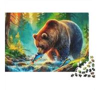 Rompecabezas Brown Bear 1000 Piezas para Adultos Oso Atrapando Salmón en Arroyo de Bosque Premium Grueso Robusto Vibrante Desafiante Difícil Alivio de Estrés Regalo 38x26cm/1000pcs