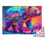 Rompecabezas Brown Bear 1000 Piezas para Adultos Oso Psicodélico con Doble Exposición de Atardecer de Montaña Premium Desafiante Difícil Alivio de Estrés Regalo Familiar 70x50cm/1000pcs