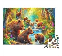 Rompecabezas Brown Bear Sturdy 1000 Piezas para Adultos Familia de Osos en Arroyo de Bosque Mágico Premium Grueso Vibrante Desafiante Alivio de Estrés Juego 38x26cm/1000pcs