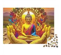 Rompecabezas Buddha-Statue 1000 Piezas para Adultos Buda en Manos Gigantes con Mandala de Pavo Real Premium Grueso Robusto Vibrante Desafiante Difícil Alivio de Estrés 38x26cm/1000pcs
