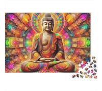 Rompecabezas Buddha-Statue Grueso 1000 Piezas para Adultos Buda Meditando en Trono Ornamentado Colorido Premium Robusto Vibrante Desafiante Difícil Alivio de Estrés 52x38cm/1000pcs