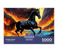 Rompecabezas Caballo 1000 Piezas Papel Reciclado - Caballo Negro Fuego, Adultos, Antiestrés, Decoración Pared 70x50cm