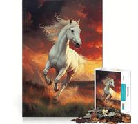 Rompecabezas Caballo Blanco Corriendo al Atardecer 1000 Piezas Entrenamiento Mental Diversión Corte Limpio Componentes Resistentes Entretenimiento Cautivador para Interiores Acogedores (50x75cm)