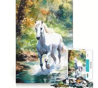 Rompecabezas Caballo Blanco en un Arroyo para Adultos 1000 Piezas Juego de Memoria Corte Láser para un Encaje Perfecto Aliviar el Estrés (38x26cm)