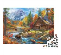 Rompecabezas Cabaña Montaña Otoñal 1000 Piezas, Arroyo del Oso, Relajante, Antiestrés, Cartón Grueso, para Ancianos, Regalo Detallado, 52x38cm