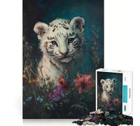Rompecabezas Cachorro de Tigre Blanco Entre Flores 1000 Piezas Diversión Juego Tecnología Avanzada de Corte Láser Juguete de Entretenimiento para Interiores (38x52cm)