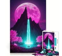 Rompecabezas Cascada de neón bajo Luna Rosa para Adolescentes, 1000 Piezas, Juguete para ejercitar la Mente, Actividad artística para armar en casa, (38x52cm)