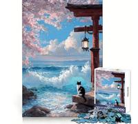 Rompecabezas Cat by Torii Gate and Ocean para Adolescentes, 1000 Piezas, Pensamiento estratégico, interacción Suave, Ajuste preciso, (50x75cm)