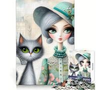 Rompecabezas Chic Lady and Tabby Cat para Adolescentes,1000 Piezas,para ejercitar la Mente,para Relajarse,con Bordes (50x75cm)