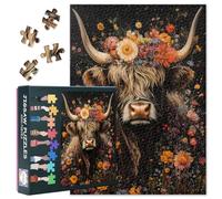 Rompecabezas complejo de 1000 piezas: vaca de tierras altas con explosión de flores (50 x 70 cm) - Divertida obra de arte, para los amantes de los juegos de mesa y rompecabezas