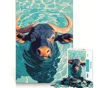 Rompecabezas con ilustración de búfalo de Agua en el Agua 1000 Piezas Juego Divertido y sin Rebabas Piezas de Corte Limpio portátil y fácil de Transportar (38x26cm)