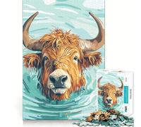 Rompecabezas con ilustración de una Vaca de Las Tierras Altas Nadando 1000 Piezas para Adolescentes Ayuda a Mejorar la Memoria Disfruta de un Rompecabezas con Bordes limpios
