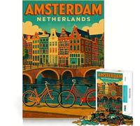 Rompecabezas con póster de Viaje a Ámsterdam,Países Bajos,para Adultos,1000 Piezas,Juego para estimular la Mente,Piezas de Ajuste preciso,Actividad Relajante para Grupos en Interiores