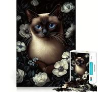 Rompecabezas con Retrato de Gato siamés y Flores Blancas para Adolescentes, 1000 Piezas, Juguete para ejercitar la Mente, Actividad para el hogar, decoración de Pared con Corte de precisión 38x52cm