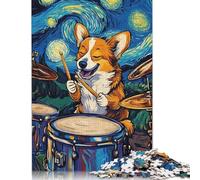 Rompecabezas Corgi Drummer Starry Night con imágenes Personalizables. Rompecabezas de cartón 100% Reciclado para Adultos a Partir de 12 años 1000 Piezas (26 x 38 cm).