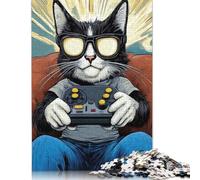 Rompecabezas Cuadrado Creativo de 1000 Piezas con diseño de Gato Gamer Retro (01) para Adultos. Juego desafiante de Papel de 38 x 26 cm.