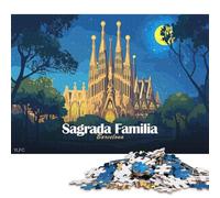 Rompecabezas Cuadrado Creativo de 1000 Piezas con ilustración Nocturna de la Sagrada Familia de Barcelona para Adultos y Rompecabezas de Madera, Juego Educativo para Adultos (75x50cm)