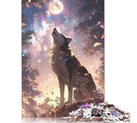 Rompecabezas Cuadrado Creativo de 1000 Piezas con un Lobo Aullando a la Luna. Ideal para Adultos. Rompecabezas de Papel antiestrés y un Regalo navideño único. Medidas: 38 x 26 cm.
