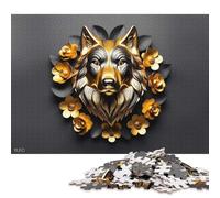 Rompecabezas Cuadrado Creativo de 500 Piezas con Lobo Dorado en 3D y Flores para Adultos. Juegos de Rompecabezas para aliviar el estrés y Regalos navideños únicos (52x38cm).