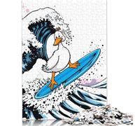 Rompecabezas Cuadrado Creativo de 500 Piezas de Pato surfeando en una Ola Gigante para Adultos y Rompecabezas de Madera. Juego desafiante (52 x 38 cm).