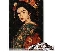 Rompecabezas Cuadrado Creativo para Adultos con Retrato de Geisha y Kimono Floral, Rompecabezas de Madera para decoración del hogar, 500 Piezas (52 x 38 cm).