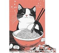 Rompecabezas Cuadrado de 1000 Piezas de Gato Comiendo Fideos Ramen para Adultos, Rompecabezas de Madera, Juegos de desafío únicos, 1000 Piezas (75 x 50 cm)
