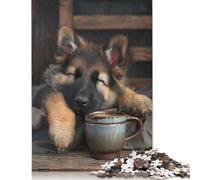 Rompecabezas Cuadrado de 1000 Piezas de Pastor alemán con café para Adultos, Rompecabezas de Madera, Juguetes de Entretenimiento Familiar, 1000 Piezas (75 x 50 cm)