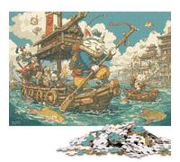 Rompecabezas Cuadrado de 300 Piezas de Guerreros Gatos en el Mar para Adultos, Rompecabezas de Madera, Juegos de desafío únicos, 300 Piezas (40 x 28 cm)