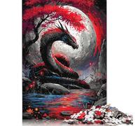 Rompecabezas Cuadrado de 500 Piezas Dragón bajo la Luna con árbol Rojo para Adultos, Rompecabezas de Madera, Juego práctico, 500 Piezas (52 x 38 cm)