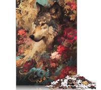 Rompecabezas Cuadrado de 500 Piezas Lobo en Flor para Adultos y Rompecabezas de Madera para Actividades Familiares (52 x 38 cm)