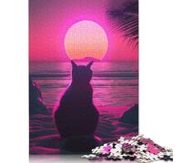 Rompecabezas Cuadrado Retro de 500 Piezas con diseño de Gato y Atardecer para Adultos, Rompecabezas de Madera, Juego Educativo Familiar, 52 x 38 cm