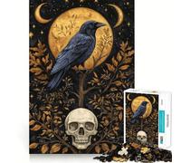 Rompecabezas Cuervo Místico y Calavera Bajo la Luna Dorada para Adultos, 1000 Piezas, Juguete de Lógica, Divertido y Relajante, Bordes Lisos, (38x26cm)