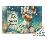 Rompecabezas Cute Dog 1000 Piezas Decoración Hogar para Adultos Yorkshire Terrier con Vestido y Cartel Buenas Noches Premium Grueso Robusto Vibrante Desafiante Alivio de Estrés 52x38cm/1000pcs