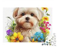 Rompecabezas Cute Dog 1000 Piezas para Adultos Cachorro Maltés en Campo de Flores Premium Grueso Robusto Vibrante Desafiante Difícil Alivio de Estrés Regalo Familiar 52x38cm/1000pcs