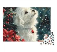 Rompecabezas Cute Dog 1000 Piezas para Adultos Maltés en Escena Navideña con Nieve Premium Grueso Robusto Vibrante Desafiante Alivio de Estrés Juego Familiar Decoración 52x38cm/1000pcs