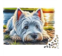 Rompecabezas Cute Dog 1000 Piezas para Adultos West Highland Terrier Junto a Lago al Atardecer Desafiante Difícil Premium Grueso Robusto Vibrante Alivio de Estrés Juego Familiar 70x50cm/1000pcs