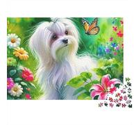 Rompecabezas Cute Dog 1000 Piezas Regalo para Adultos Maltés en Jardín de Flores con Mariposa Premium Grueso Robusto Desafiante Difícil Alivio de Estrés 52x38cm/1000pcs