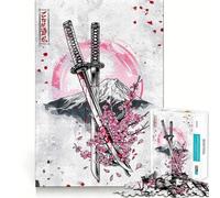 Rompecabezas de 1000 Flores de Cerezo y Espadas samurái Arte de Corte Exacto Juego de lógica y Pensamiento Tiempo de Juego Tranquilo Actividad de cumpleaños (38x52cm)