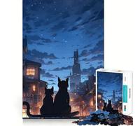 Rompecabezas de 1000 Gatos contemplando un Paisaje Nocturno de la Ciudad Arte de Corte preciso Juego de lógica y Pensamiento Tiempo de Juego Tranquilo Actividad de cumpleaños (38x26cm)