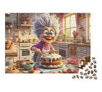 Rompecabezas de 1000 Piezas Abuela Alegre horneando - Dibujos Animados de una Abuela horneando un Pastel - Juego Educativo para Adultos - Hermosa decoración - Difícil - Reto - Cumpleaños - 70x50cm