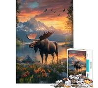 Rompecabezas de 1000 Piezas Alce majestuoso en el Lago al Atardecer Rompecabezas para Adultos y familias Entrena tu Cerebro y Tus Manos Regalo Ideal para Reducir el estrés 50x75cm
