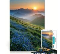 Rompecabezas de 1000 Piezas Amanecer en la montaña con Flores Azules para Adolescentes Ideal para desarrollar la Memoria, armar sin estrés y Regalar con cariño (38x52cm)