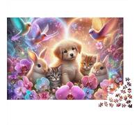 Rompecabezas de 1000 Piezas Amigos Animales mágicos: Cachorros, Conejos, Flores, Arte. para Adultos de 12 años en adelante. Juegos educativos. Decoración del hogar. Reto70x50cm.