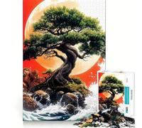 Rompecabezas de 1000 Piezas Árbol bonsái bajo la Luna roja,Paisaje japonés,Bordes sin Costuras Juego Divertido para Pensar,Entretenimiento para el Tiempo Libre,Regalo artístico de Navidad 38x26cm