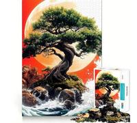 Rompecabezas de 1000 Piezas Árbol bonsái bajo la Luna roja,Paisaje japonés Diversión Garantizada,Juego Que estimula la Mente,Tiempo de Juego Tranquilo, 50x75cm