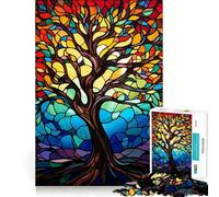 Rompecabezas de 1000 Piezas Árbol de la Vida Vidriera Bordes Lisos Juego de Concentración Divertido Juego de Momentos Acogedores Regalo de Cumpleaños (38x52cm)