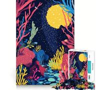 Rompecabezas de 1000 Piezas Arrecife de Coral Nocturno Ilustración artística Abstracta Minimalista Corte Impecable Diversión para Resolver Problemas Juego Gratuito (38x26cm)