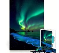 Rompecabezas de 1000 Piezas Aurora Boreal sobre la Playa de Islandia Arte de Corte preciso Acertijo Regalo Divertido para el Tiempo Libre Arte de Pared navideño (38x52cm)