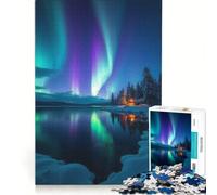 Rompecabezas de 1000 Piezas Aurora Boreal sobre una cabaña Junto a un Lago, Juego de ingenio, Regalo de cumpleaños, con Piezas de Formas aleatorias Que encajan Perfectamente 38x52cm